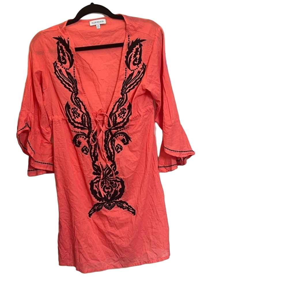 Ellen Weaver women’s Sz M coral embroidered tunic top vacation cruise  summer